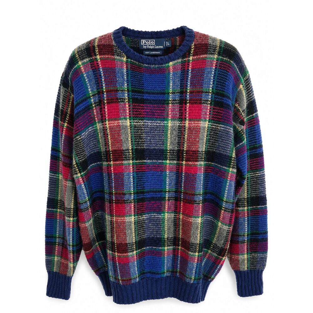 Polo Ralph Lauren Men's Large 100% Lambswool Plaid Crewneck Sweater Multicolor